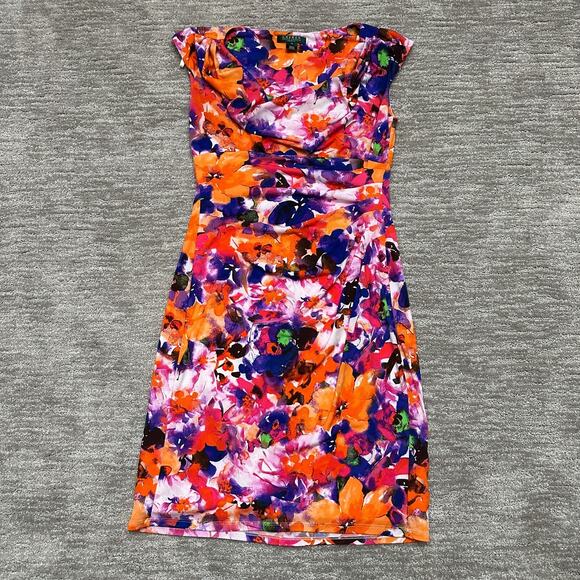 Ralph Lauren Dresses & Skirts - LRL Lauren Ralph Lauren Dress Womens 10 Orange Purple Floral Ruched Cowl Neck